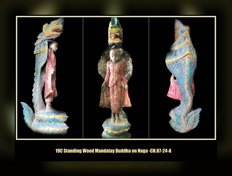Extremely Rare 19C Wood Mandalay Buddha Standing on Naga #CH.07.24-A